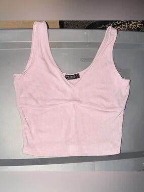 Pink Ribbed V-Neck Crop Tank